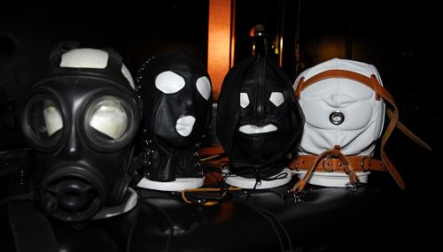 LA Bondage Mistress Victoria Hunter Los Angeles Dominatrix LA Dungeon leather masks isolation hoods, gas masks